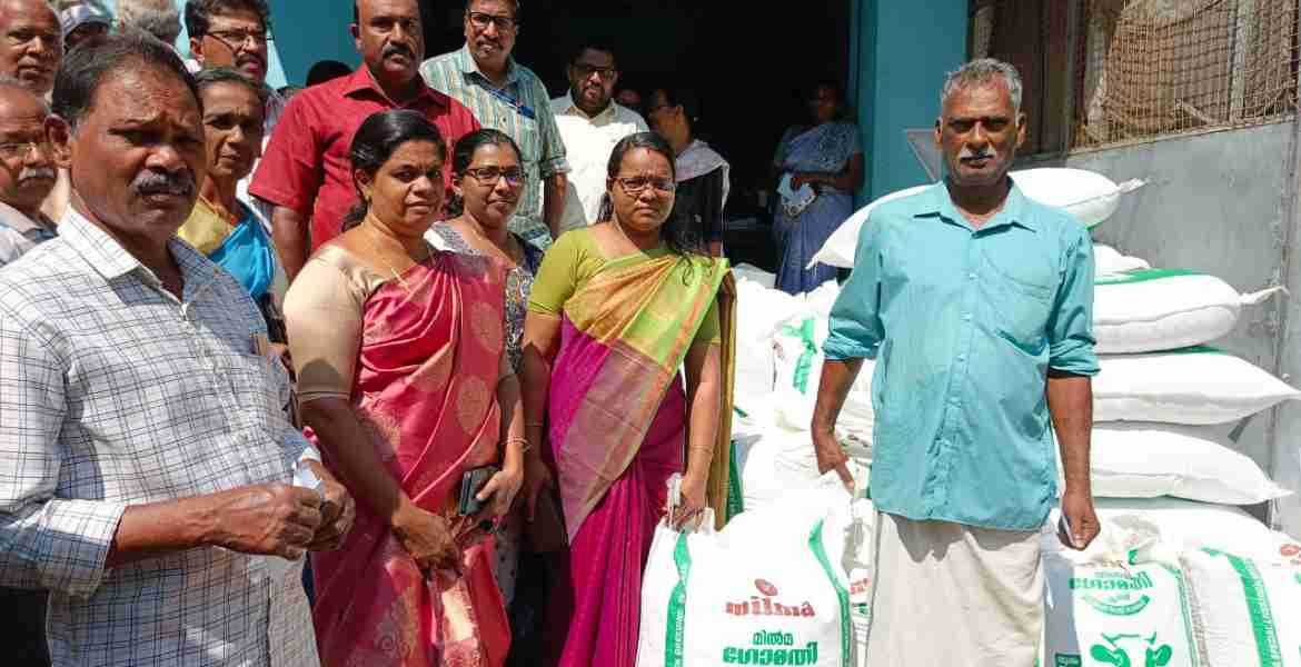 ഏഴംകുളം ഗ്രാമപഞ്ചായത്തിലെ ക്ഷീരകര്‍ഷകര്‍ക്ക് കാലിത്തീറ്റ വിതരണം പ്രസിഡന്റ് വി.എസ് ആശ നിര്‍വഹിക്കുന്നു