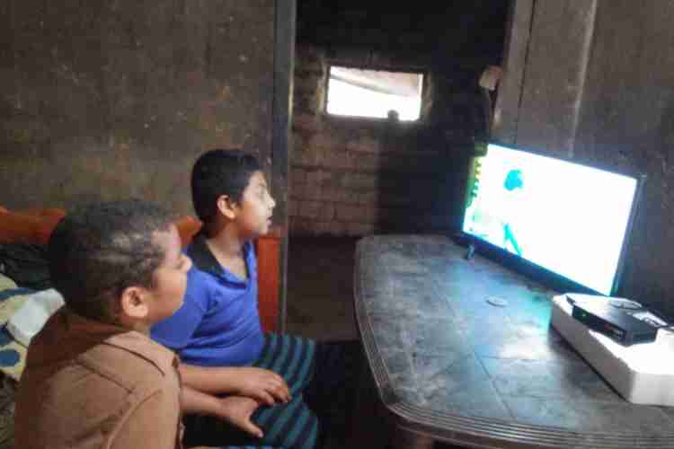 ആല്‍ബിനും അലനും സ്വന്തം വീട്ടിലിരുന്ന് ടി.വി. കാണുന്നു