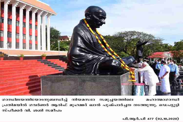 Floral tribute to Gandhi statue by Governor Arif Mohammed Khan
