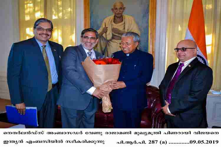 Netherlands Ambassador receiving Chief Minister Pinarayi Vijayan at Indian Embassy