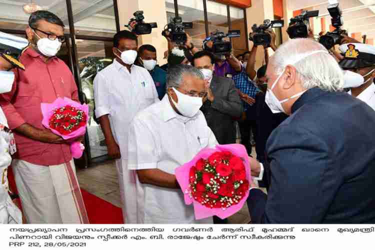 Chief minister Pinarayi Vijayan and Speaker MB Rajesh receives Governor Arif Mohammed Khan at Kerala Niyamasabha